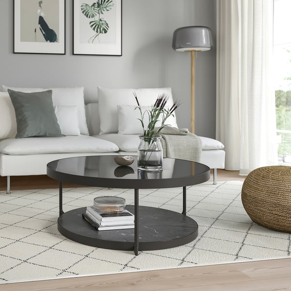 FRÖTORP coffee table, anthracite marble effect/black glass, 88 cm