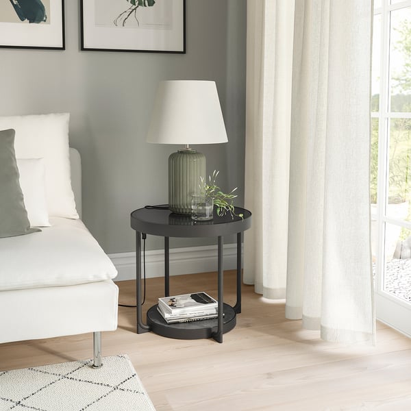 FRÖTORP side table, anthracite marble effect/black glass, 48 cm