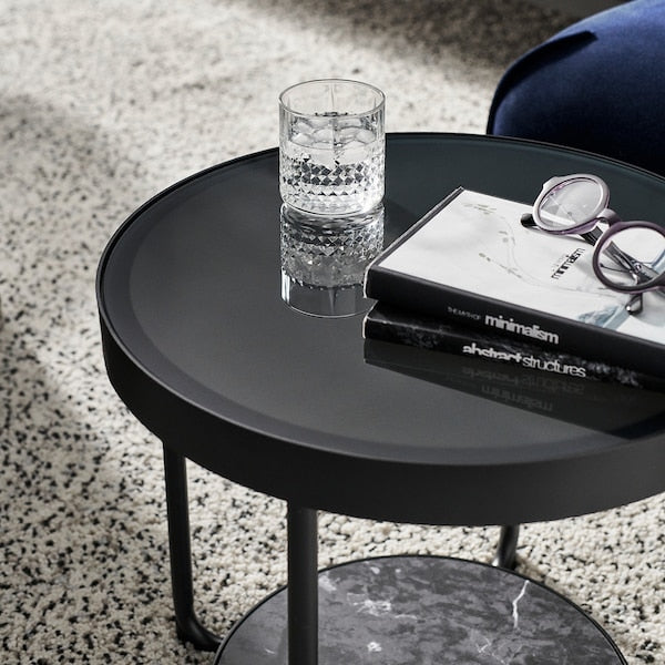 FRÖTORP - Side table, anthracite marble effect/black glass, 48 cm