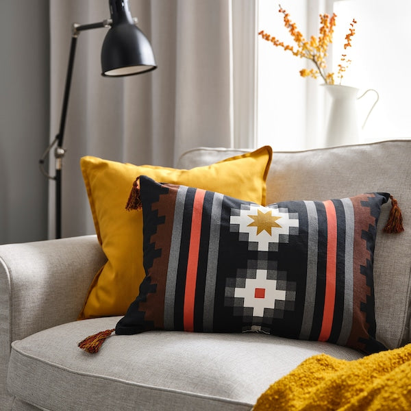 FRUKTMOTT - Cushion cover, black/orange-red, 40x58 cm