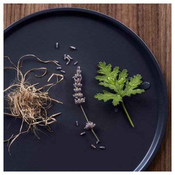 Ikea FRUKTSKOG - Scented candle in glass, Vetiver & geranium/black-turquoise, 40 hr