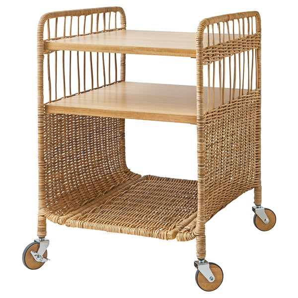FRYKSÅS storage unit on castors, rattan, 37x53 cm