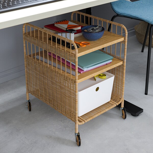 FRYKSÅS - Storage unit on castors, rattan, 37x53 cm