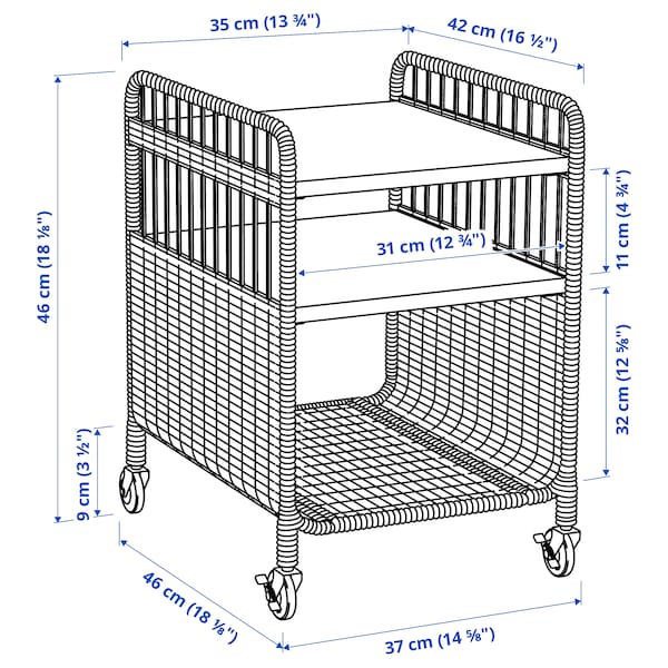 FRYKSÅS storage unit on castors, rattan, 37x53 cm