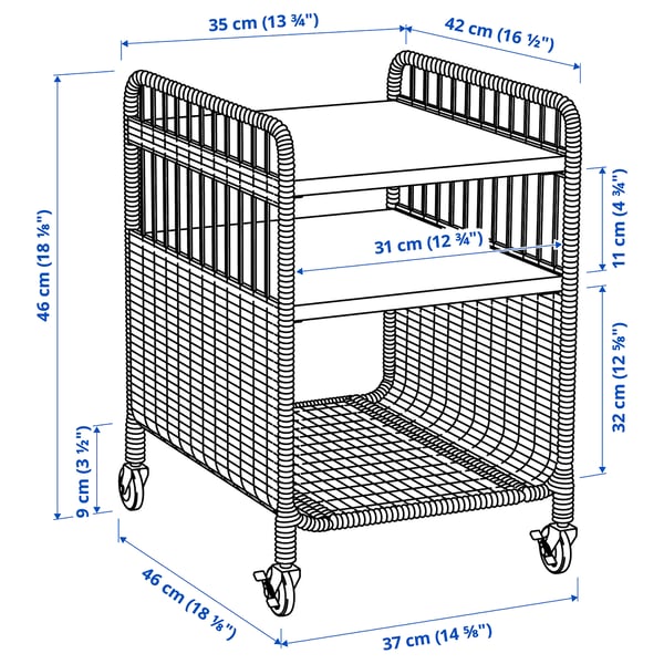 FRYKSÅS storage unit on castors, rattan, 37x53 cm