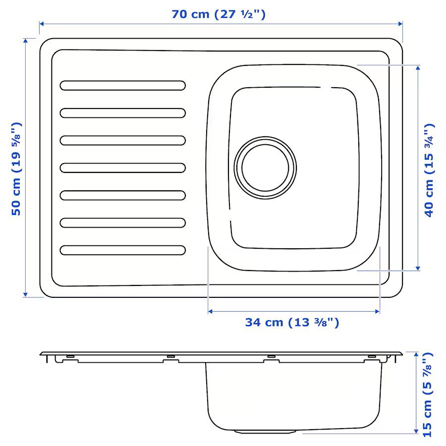 FYNDIG 1 bowl inset sink with drainer, stainless steel, 70x50 cm