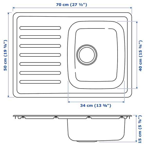 FYNDIG inset sink, 1 bowl with drainboard, stainless steel, 70x50 cm