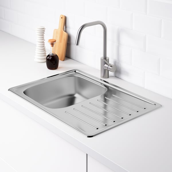 FYNDIG inset sink, 1 bowl with drainboard, stainless steel, 70x50 cm
