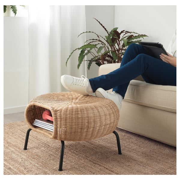 GAMLEHULT footstool with storage, rattan/anthracite, 62 cm