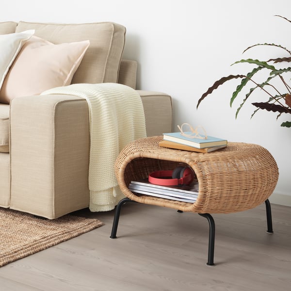 GAMLEHULT footstool with storage, rattan/anthracite, 62 cm