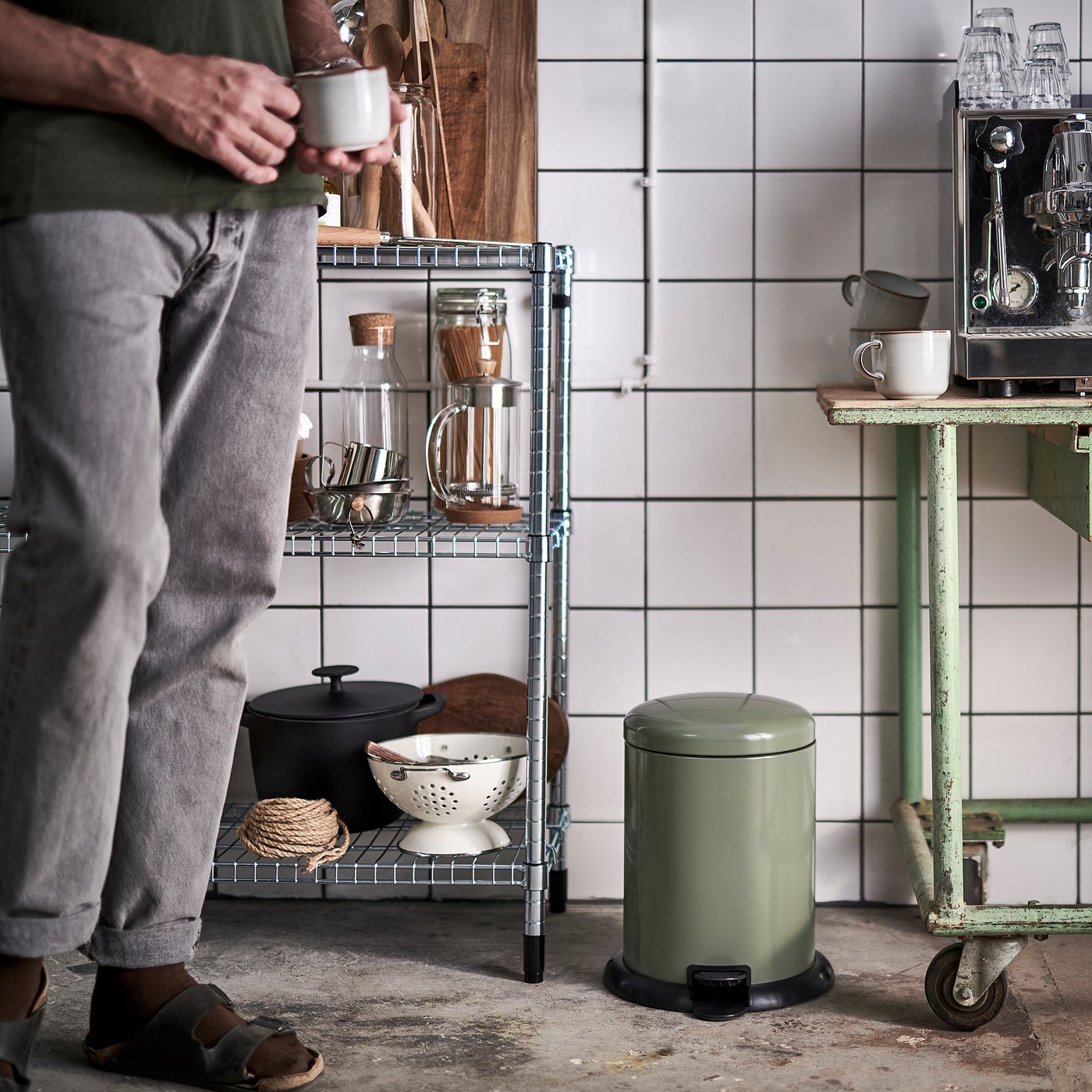 GÅNGSKYFFEL pedal bin, grey-green, 9 l