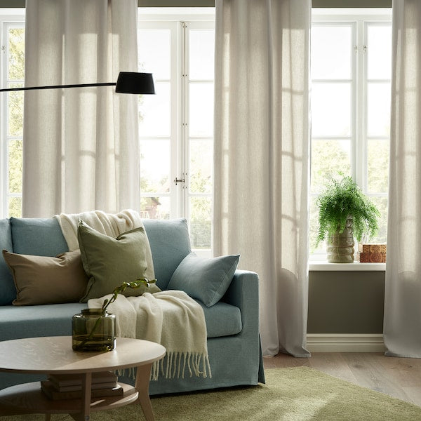 GINSTMOTT curtains, 1 pair, beige/with heading tape, 145x300 cm