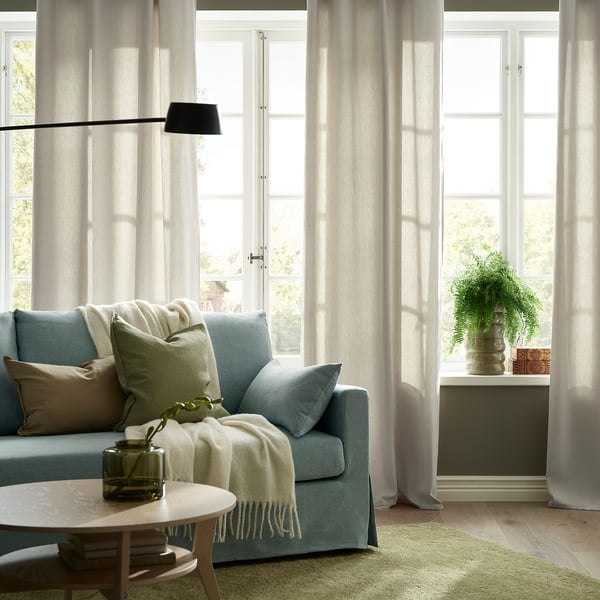 GINSTMOTT curtains, 1 pair, beige/with heading tape, 145x300 cm