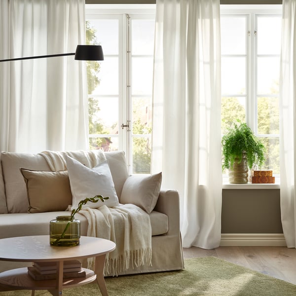 GINSTMOTT curtains, 1 pair, white/with heading tape, 145x300 cm