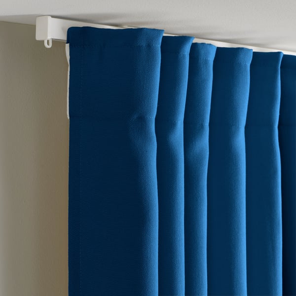 GINSTMOTT curtains, 1 pair, dark blue/with heading tape, 145x300 cm