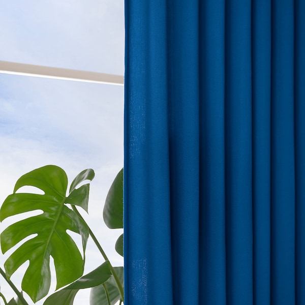GINSTMOTT curtains, 1 pair, dark blue/with heading tape, 145x300 cm
