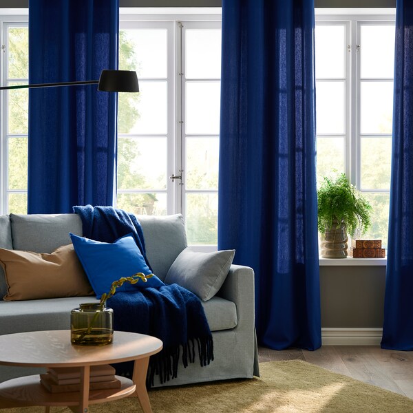 GINSTMOTT curtains, 1 pair, dark blue/with heading tape, 145x300 cm