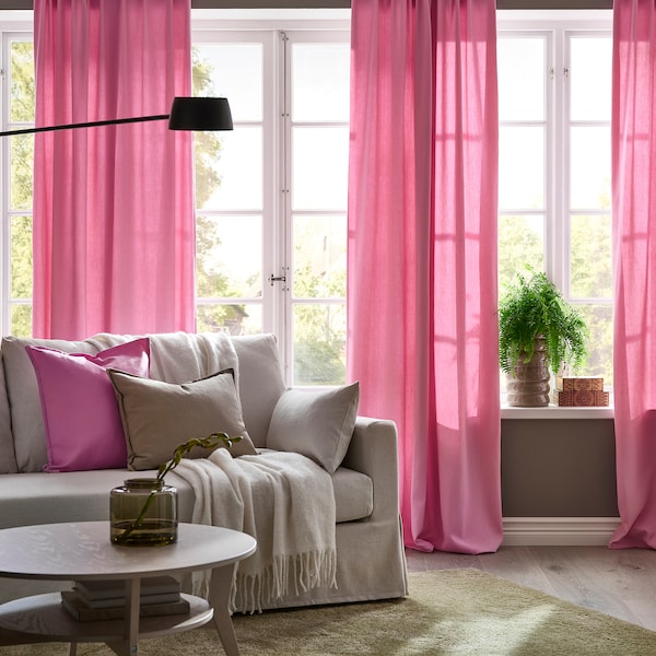 GINSTMOTT curtains, 1 pair, pink/with heading tape, 145x300 cm