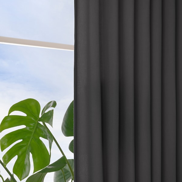 GINSTMOTT curtains, 1 pair, dark grey/with eyelets, 145x300 cm