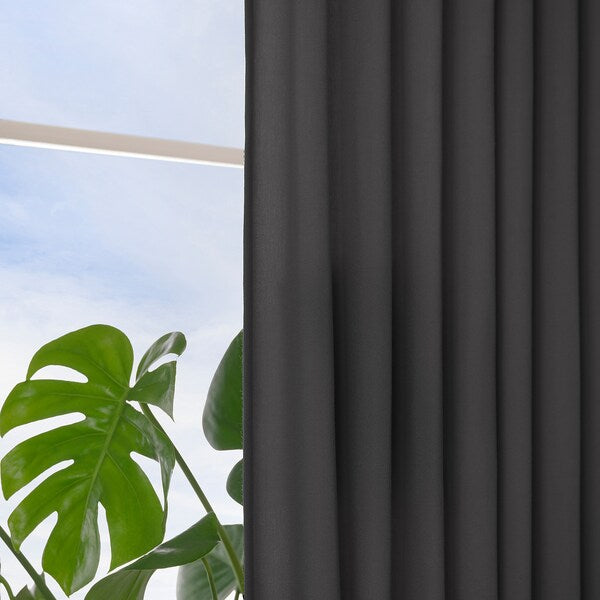 GINSTMOTT curtains, 1 pair, dark grey/with heading tape, 145x300 cm