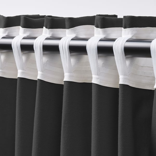 GINSTMOTT curtains, 1 pair, dark grey/with heading tape, 145x300 cm