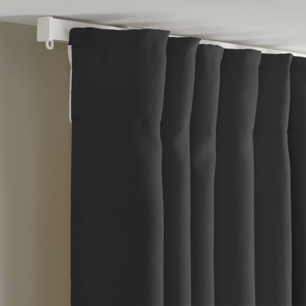 GINSTMOTT curtains, 1 pair, dark grey/with heading tape, 145x300 cm