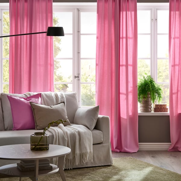 GINSTMOTT - Curtain, 2 sheets, with curling ribbon/pink,145x300 cm