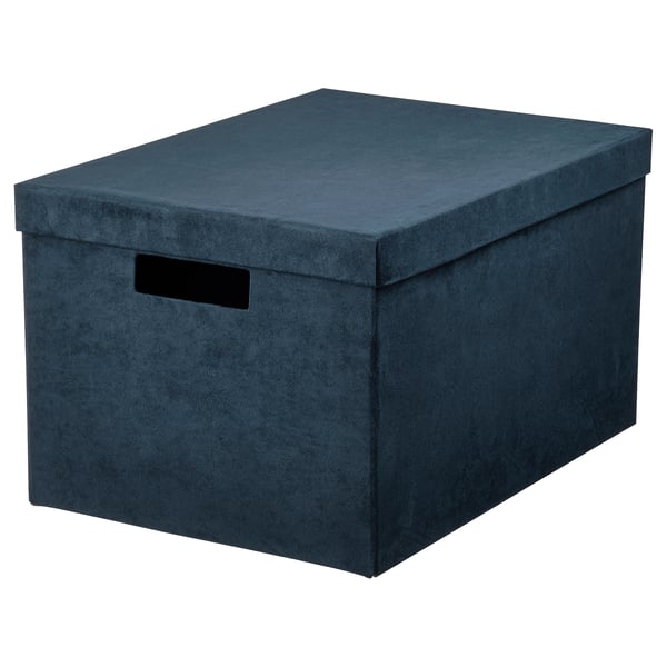 GJÄTTA - GJÄTTA Storage box with lid, velvet dark blue, 25x35x20 cm