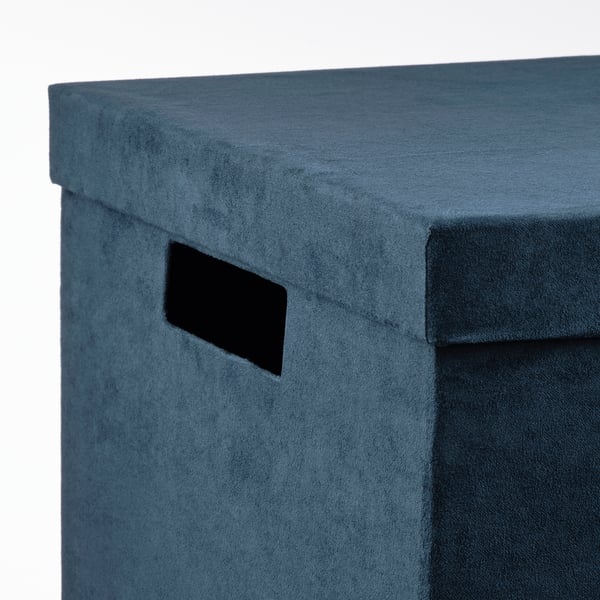 GJÄTTA - GJÄTTA Storage box with lid, velvet dark blue, 25x35x20 cm