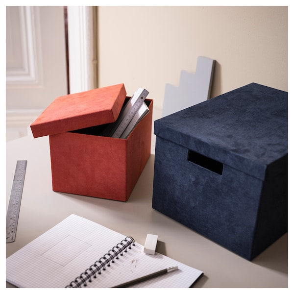 GJÄTTA - Storage box with lid, velvet dark blue, 25x35x20 cm