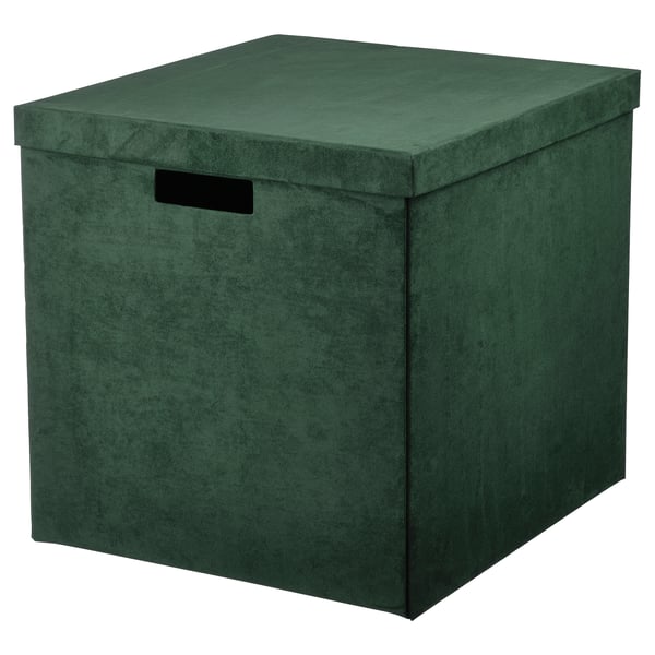 GJÄTTA box with lid, dark green velvet, 32x35x32 cm.