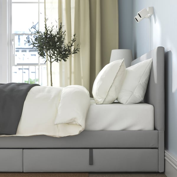 GLADSTAD upholstered bed, 2 storage boxes, Kabusa light grey, 140x200 cm