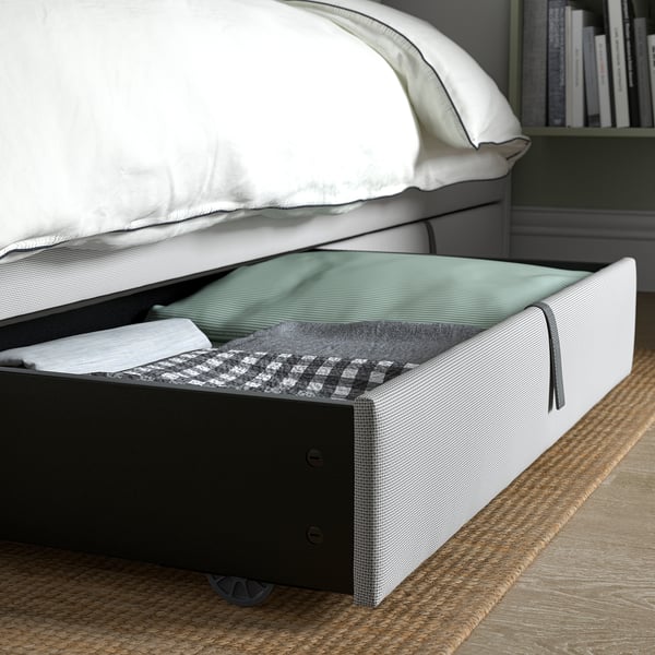 GLADSTAD upholstered bed, 4 storage boxes, Kabusa light grey, 160x200 cm