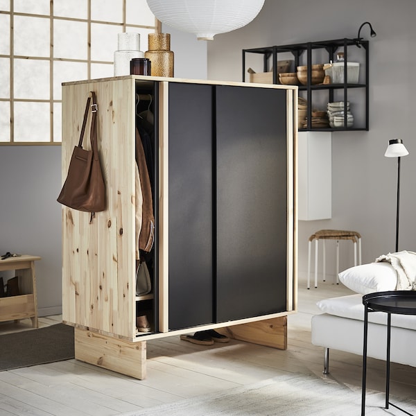 GLAMBERGET - Wardrobe with 3 sliding doors, pine/black, 117x63x150 cm