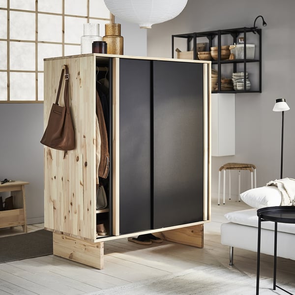GLAMBERGET wardrobe with 3 sliding doors, pine/black, 117x63x150 cm