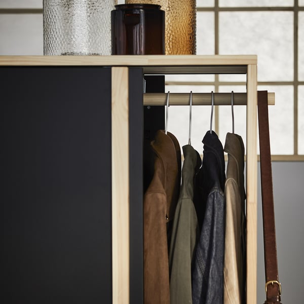 GLAMBERGET wardrobe with 3 sliding doors, pine/black, 117x63x150 cm