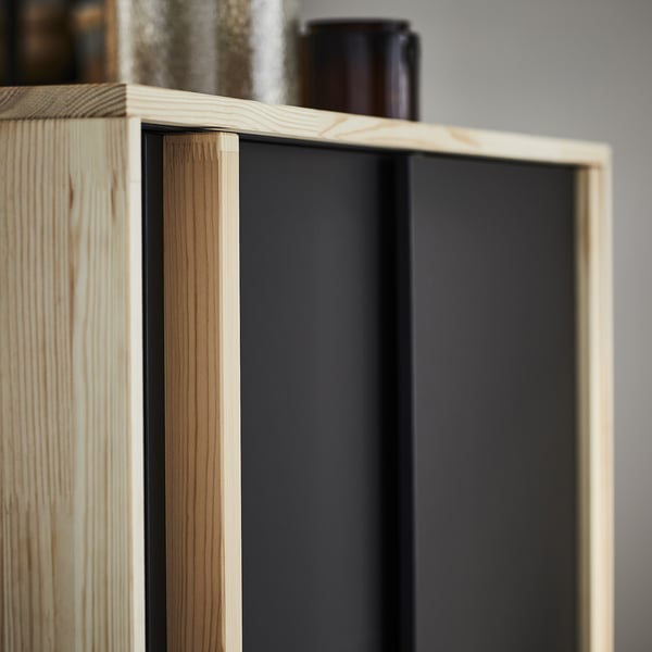 GLAMBERGET wardrobe with 3 sliding doors, pine/black, 117x63x150 cm