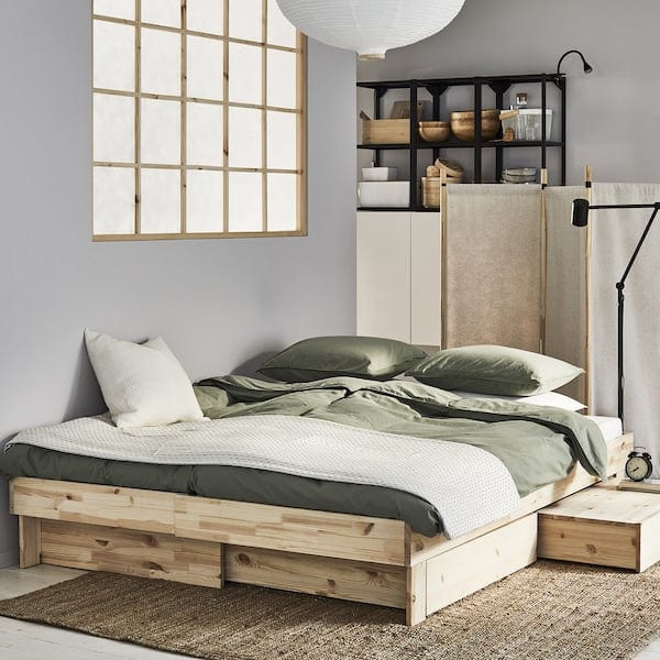 Ikea GLAMBERGET - Bed allung/contenit/2 mattresses, pine/Åfjäll rigid,80x200 cm