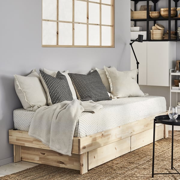 GLAMBERGET extendable bed w stor/2 mattresses, pine/Åfjäll firm, 80x200 cm