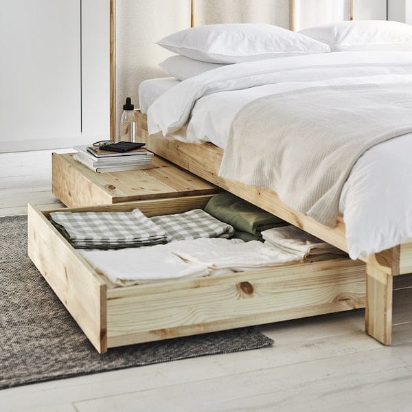 Ikea GLAMBERGET - Bed elongation/contenit/2 mattresses, pine/Åfjäll semi-rigid,80x200 cm