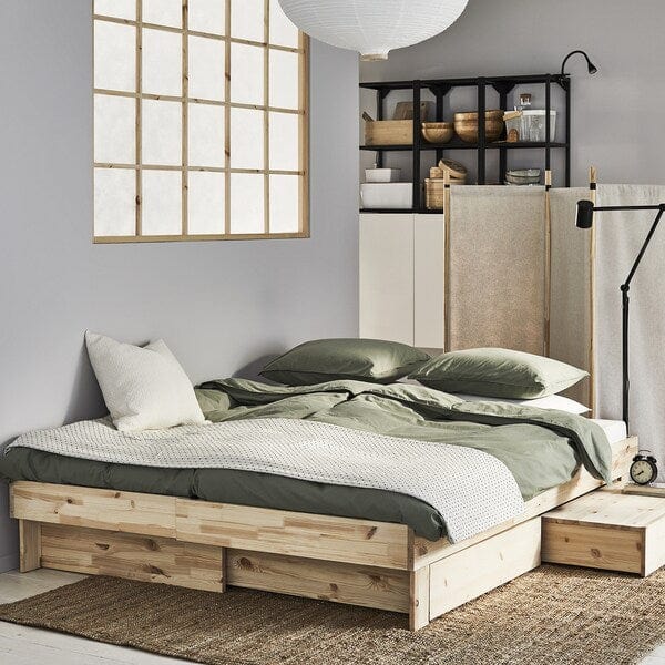 Ikea GLAMBERGET - Bed elongation/contenit/2 mattresses, pine/Åfjäll semi-rigid,80x200 cm