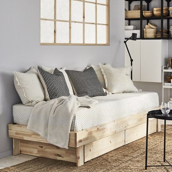 Ikea GLAMBERGET - Bed elongation/contenit/2 mattresses, pine/Åfjäll semi-rigid,80x200 cm