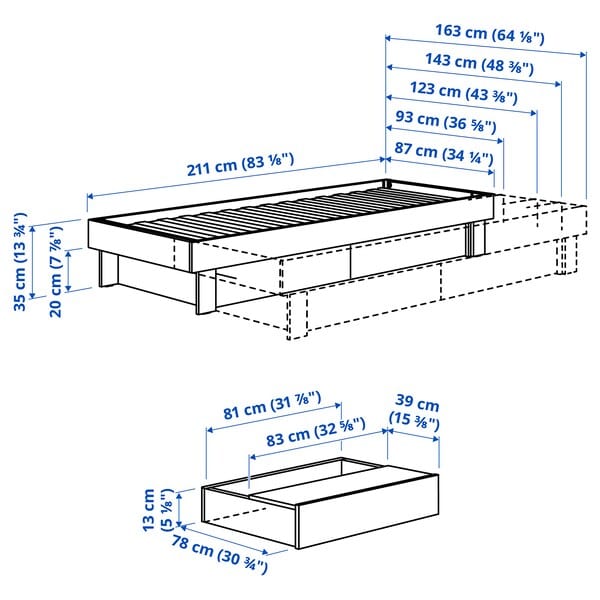 Ikea GLAMBERGET - Bed elongation/contenit/2 mattresses, pine/Åfjäll semi-rigid,80x200 cm
