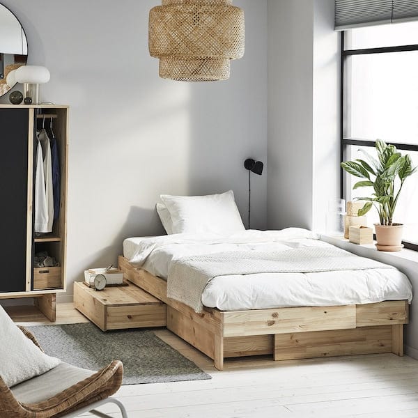 GLAMBERGET - Extending bed with storage, pine,80-160x200 cm