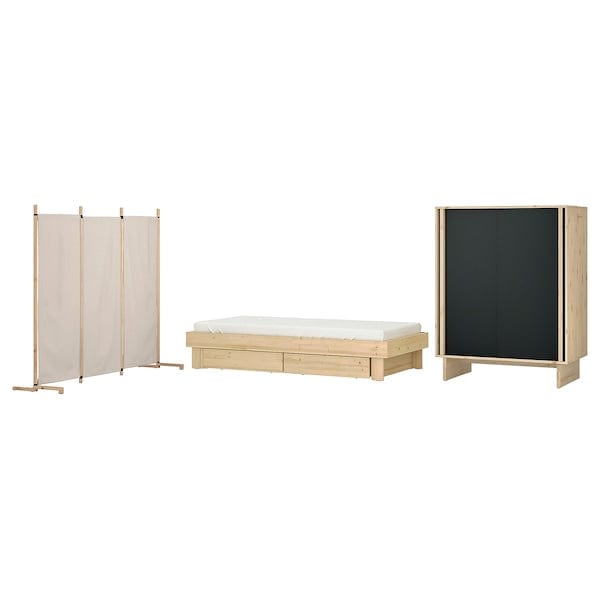 Ikea GLAMBERGET - 3-piece bedroom set, pine/Katorp beige,80-160x200 cm