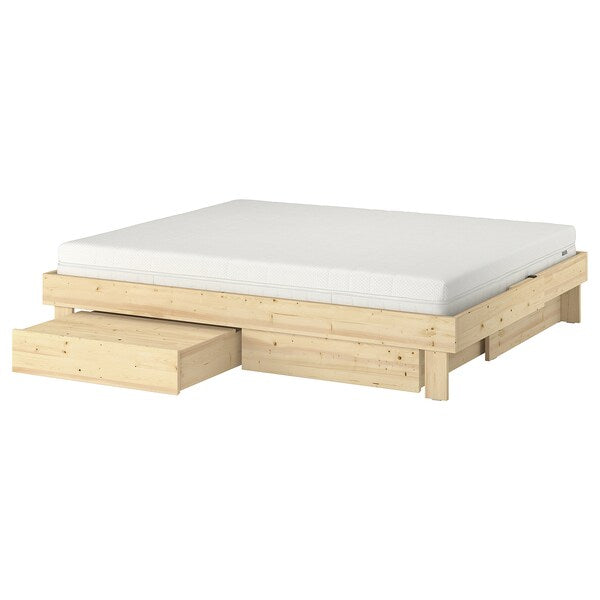 Ikea GLAMBERGET - Bed frame/container/materas, pine/Åkrehamn rigid,140x200 cm