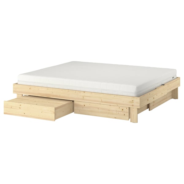 GLAMBERGET bed frame with storage and mattress, pine/Åkrehamn firm, 140x200 cm