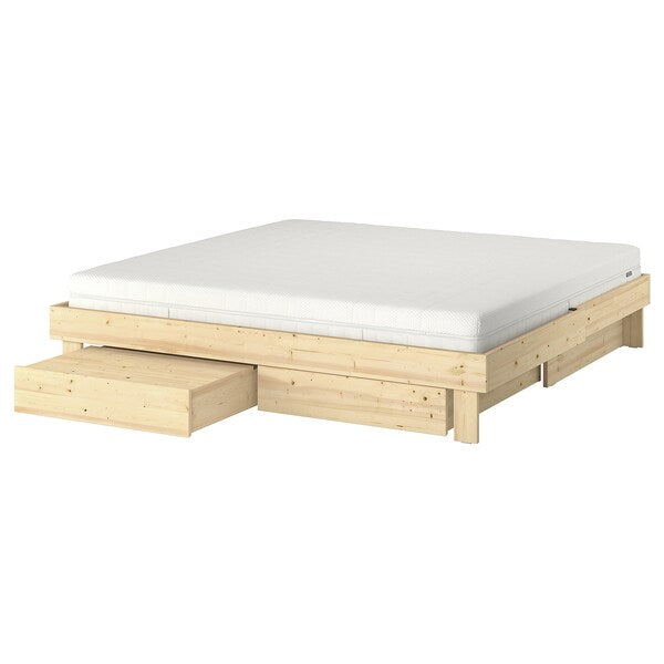 Ikea GLAMBERGET - Bed frame/container/materas, pine/Åkrehamn rigid,160x200 cm