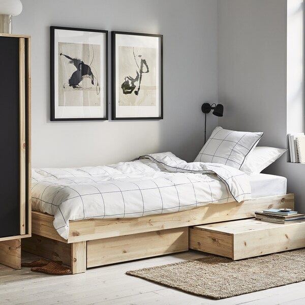 Ikea GLAMBERGET - Bed frame/container/materas, pine/Åkrehamn rigid,90x200 cm