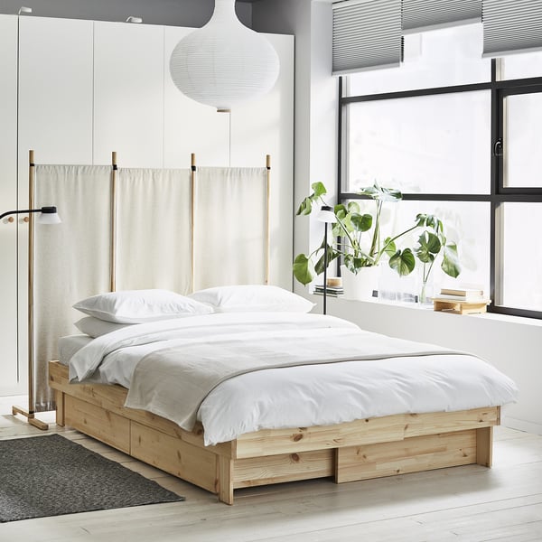 GLAMBERGET bed frame with storage and mattress, pine/Åkrehamn firm, 140x200 cm